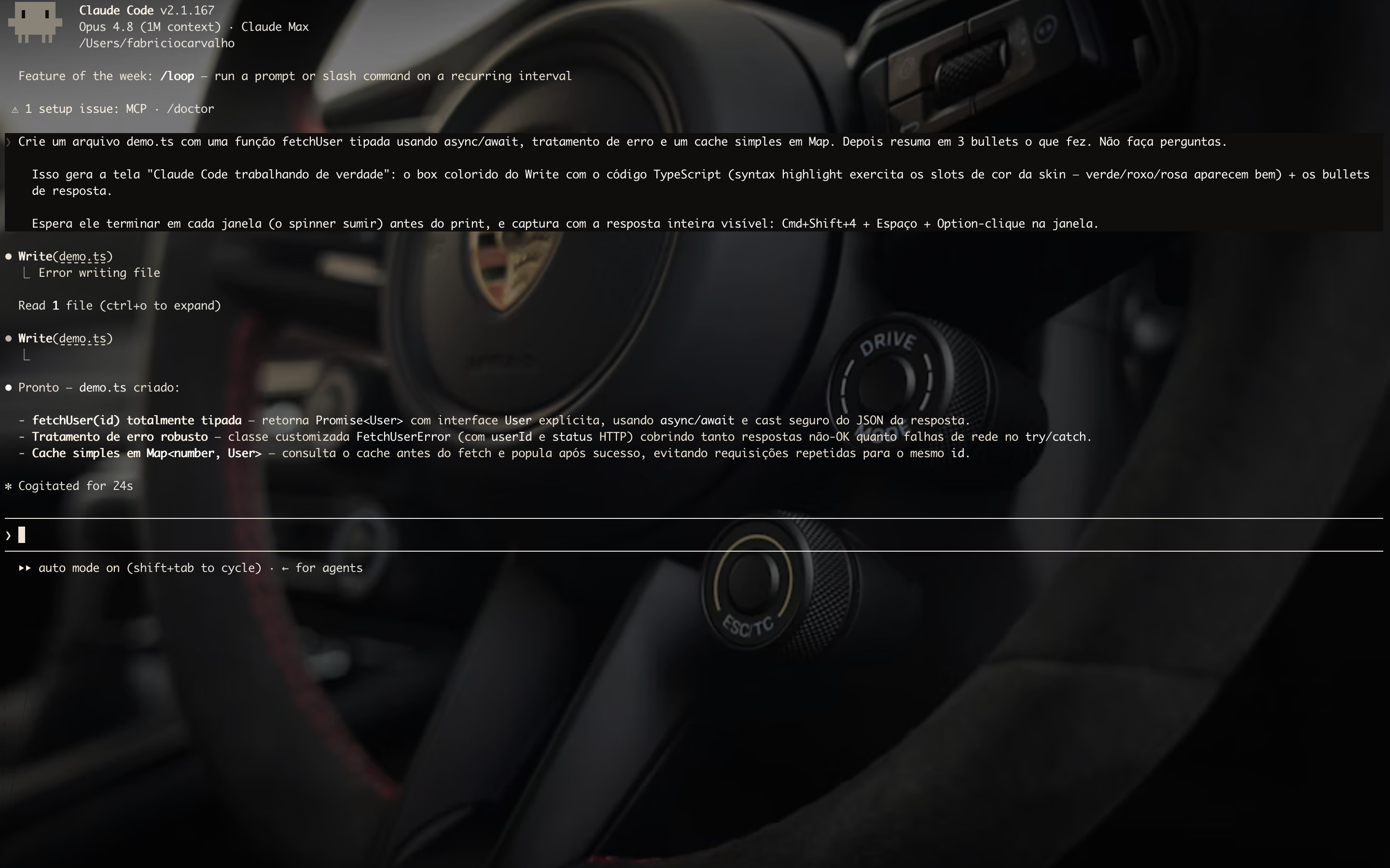 Claude Code com a skin Porsche Cockpit