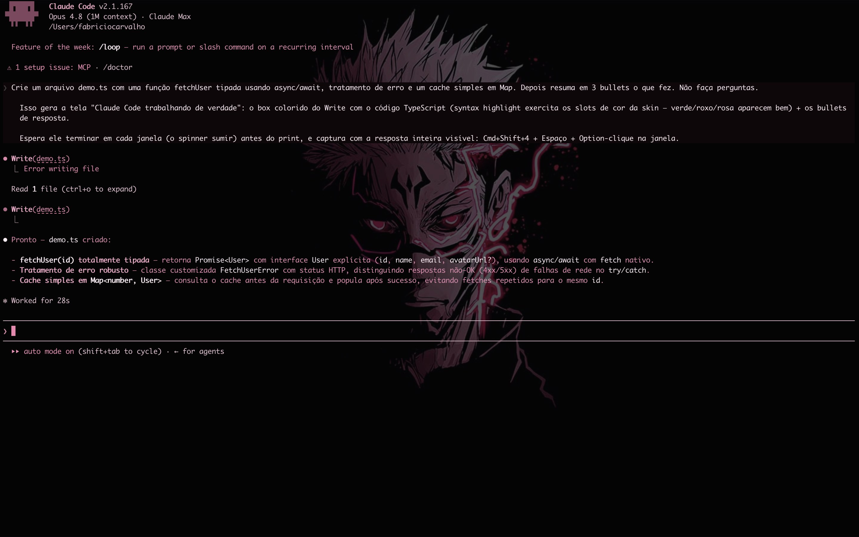 Claude Code com a skin Sukuna